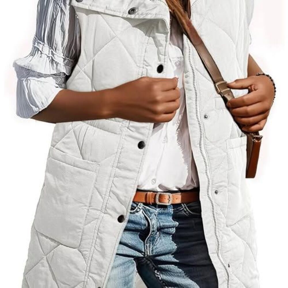 NEW Women's Long Quilted Puffer Vest Cream White Sleeveless Jacket Size 2XL
